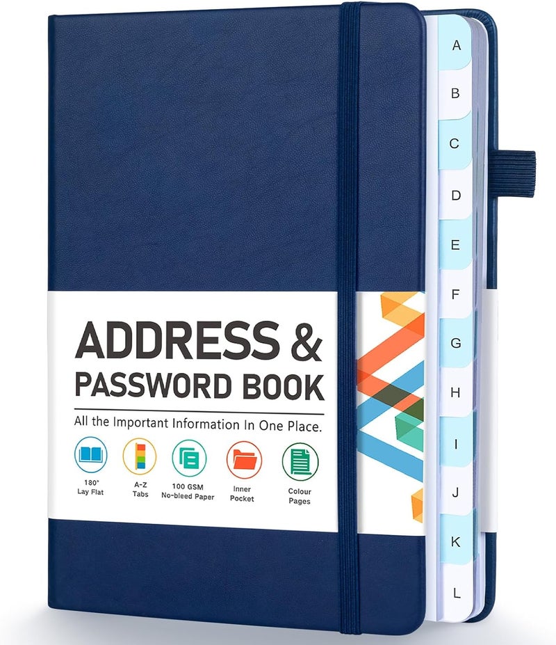 Homlive Address Book, Address and Password Keeper Book with Alphabetical Tabs, Hardcover Telephone Book Address Organizer Record with Pocket, Colored Pages, 5.3" x 7.7", Navy Blue - Image 1